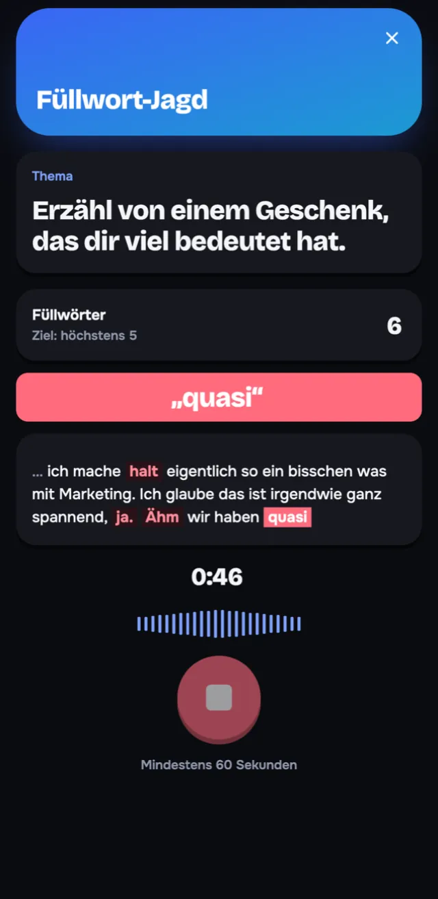 App-Bildschirm Füllwort-Jagd mit markierten Füllwörtern im gesprochenen Text